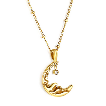 Spring Moon Crescent Pendant Necklace with Crystal Drop – Gold Finish