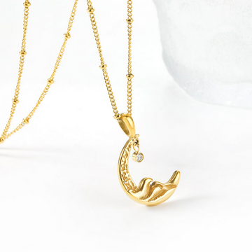 Spring Moon Crescent Pendant Necklace with Crystal Drop – Gold Finish