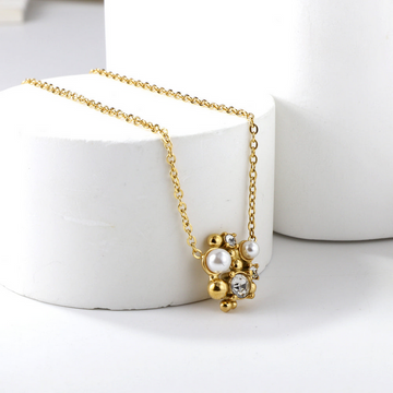 Bow Pearl & Crystal Beads Pendant Necklace – Gold Finish