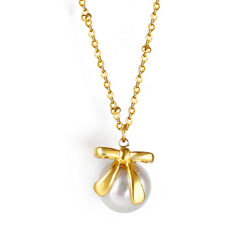 Bow Pearl Pendant Necklace – Elegant Gold Finish for Women
