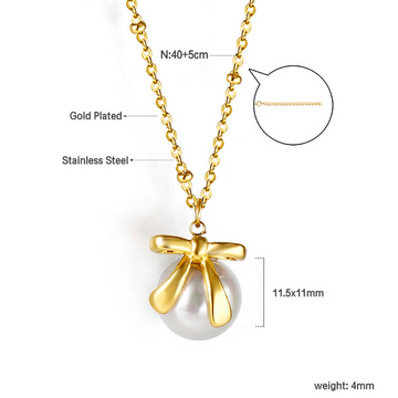 Bow Pearl Pendant Necklace – Elegant Gold Finish for Women