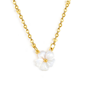 White Shell Peach Blossom Flower Necklace with Gold Bead Chain
