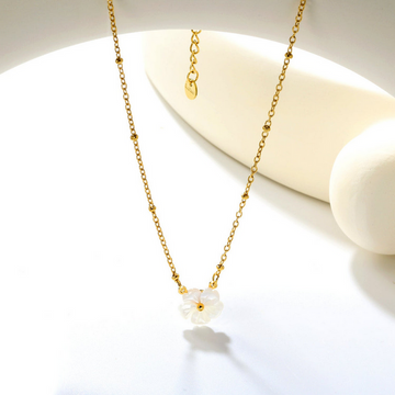 White Shell Peach Blossom Flower Necklace with Gold Bead Chain