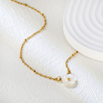 White Shell Peach Blossom Flower Necklace with Gold Bead Chain
