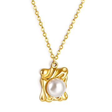 Rectangular Pearl Pendant Necklace – Gold Finish Stainless Steel