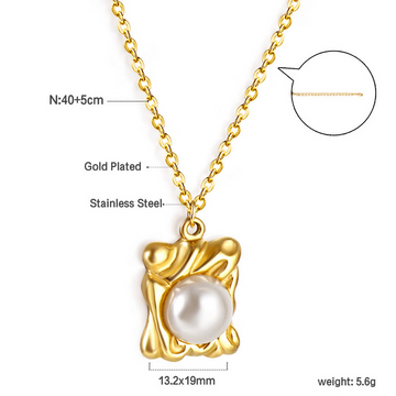 Rectangular Pearl Pendant Necklace – Gold Finish Stainless Steel