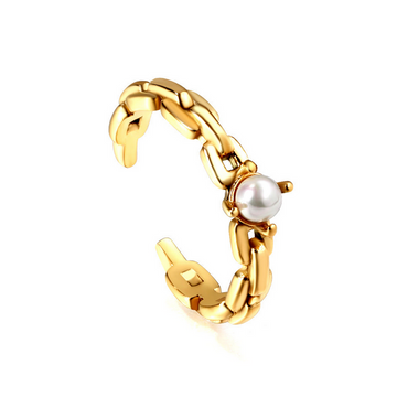 Geometric Freshwater Pearl Open Ring – Gold Finish Stainless Steel