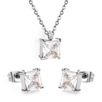 Square Zirconia Stud Earrings & Pendant Necklace Set for Women – Stainless Steel