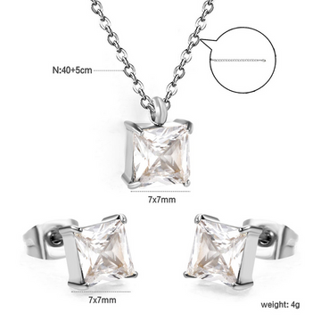 Square Zirconia Stud Earrings & Pendant Necklace Set for Women – Stainless Steel