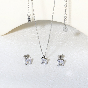 Square Zirconia Stud Earrings & Pendant Necklace Set for Women – Stainless Steel