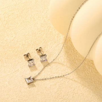 Square Zirconia Stud Earrings & Pendant Necklace Set for Women – Stainless Steel