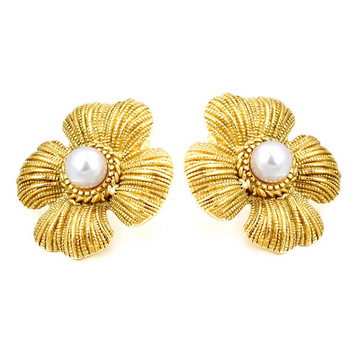 Textured Four Petal Leaf Stud Earrings with White Bead – Gold Finish