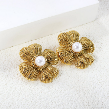 Textured Four Petal Leaf Stud Earrings with White Bead – Gold Finish