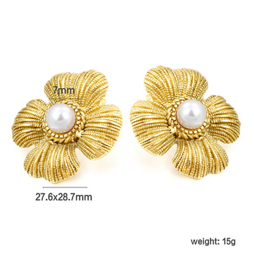 Textured Four Petal Leaf Stud Earrings with White Bead – Gold Finish
