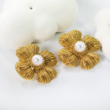 Textured Four Petal Leaf Stud Earrings with White Bead – Gold Finish