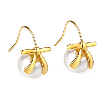 Bow & White Pearl Drop Earrings for Women – 18K Gold Finish