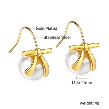 Bow & White Pearl Drop Earrings for Women – 18K Gold Finish