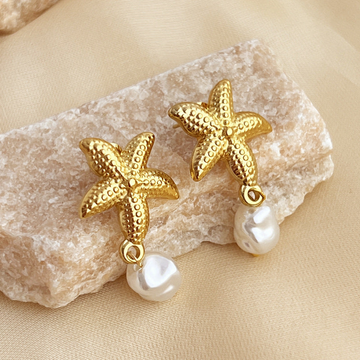 French Vintage Natural Star Fish Pearl Earrings – 18K Gold Plated Stainless Steel
