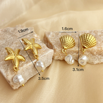 French Vintage Natural Star Fish Pearl Earrings – 18K Gold Plated Stainless Steel