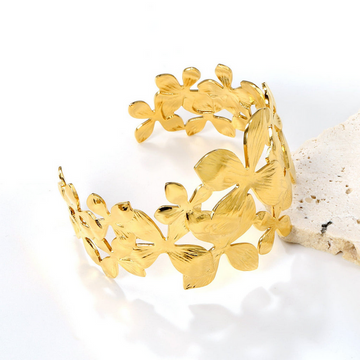 Wide Floral Open Cuff Bracelet – 18K Gold Plated Stainless Steel