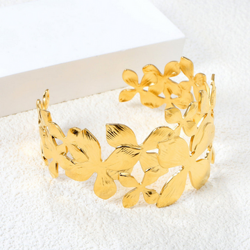 Wide Floral Open Cuff Bracelet – 18K Gold Plated Stainless Steel