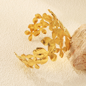 Wide Floral Open Cuff Bracelet – 18K Gold Plated Stainless Steel