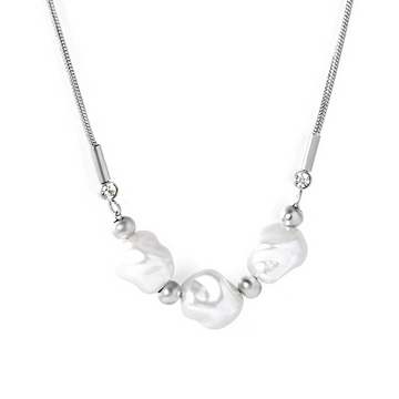 Imitation Pearl & Steel Bead Snake Chain Necklace – Gold & Steel Finish