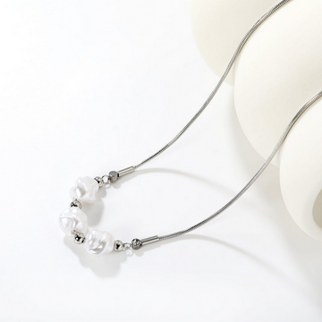 Imitation Pearl & Steel Bead Snake Chain Necklace – Gold & Steel Finish