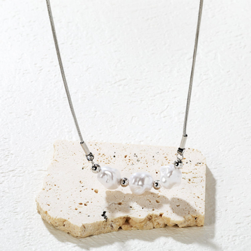 Imitation Pearl & Steel Bead Snake Chain Necklace – Gold & Steel Finish