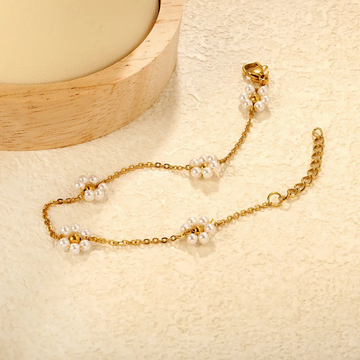 Gold Pearl Charm Bracelet for Women – Stainless Steel Beads & White Pearl Design